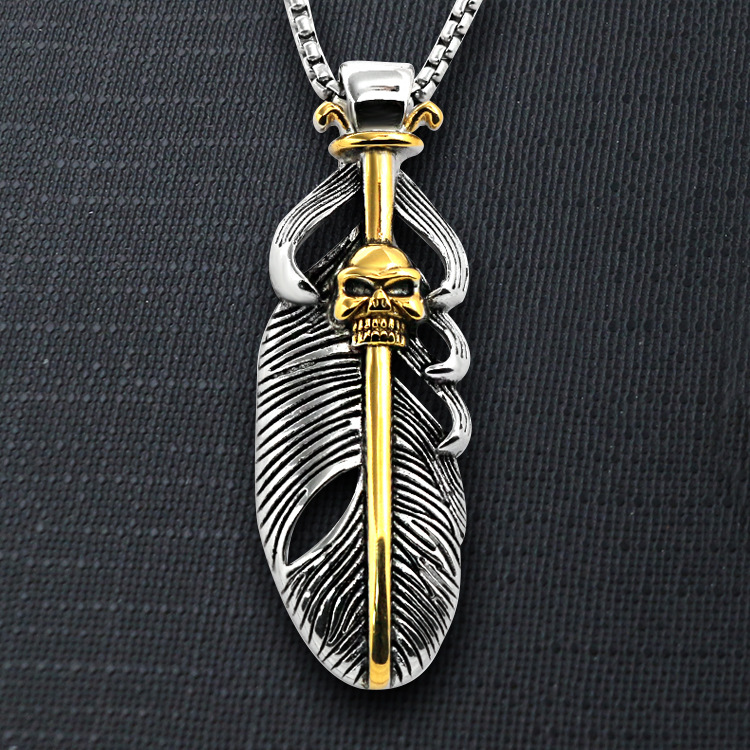 Mens Vintage Stainless Steel Skull Feather Charm Pendant