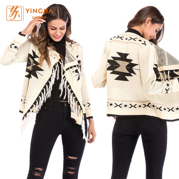 Geometric Print Overcoat Tassels Trim Ladies Knit Cardigan