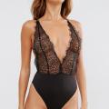 ladies deep V floral eyelash lace bodysuit