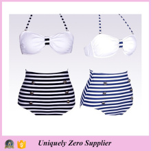 2016 Hot Sale Trendy Navy Designs Azul y Blanco Stripes Tankini Bikini con pantalones cortos de cintura alta