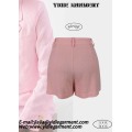Shorts plissados ​​de linho rosa de cintura alta feminina