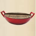 Enamel Cast Iron Wok Cookware with Wooden Cover Dia 36cm