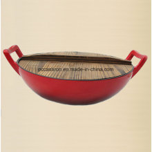 Esmalte de hierro fundido wok utensilios de cocina con el diámetro de la cubierta de madera 36 cm