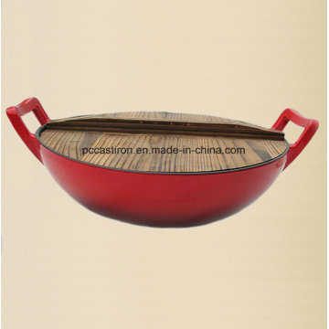 Enamel Cast Iron Wok Cookware with Wooden Cover Dia 36cm