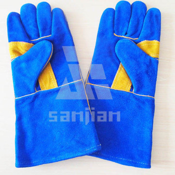 Double Plam Blue&Yellow 13" Split Leather Ab/Bc Grade Welding Safety Glove with CE