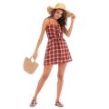 Summer Plaid Strap Dress Backless Lace Short Dress