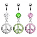 Belly Ring with Dangling Pave Jeweled Peace Sign