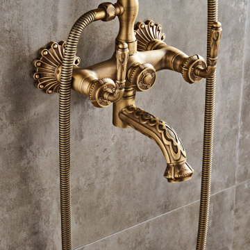 Bathroom Fitting European Style Telephone Design Double Handles Antique Brass Wall Mounted Bathtub Faucet Bath Mixer Tap