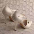 Ivory Satin Black Pointed High Heel Wedding Party Shoes