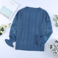 Women Lace Crochet Long Sleeve Crewneck Sweaters