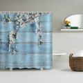 Blue Wood Plank Waterproof Shower Curtain White Flower Bathroom Decor with Hooks