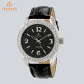 Reloj de pulsera de cuero acentuado con diamantes de plata de mujer 71269