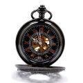 Black Mechanical Skeleton Pocket Watch com Cadeia Fob Homens Mulher