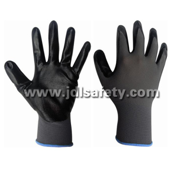 Nylon gris de punto guantes con nitrilo liso negro (N1551B) de la capa de trabajo