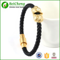 Tête de lion d'or en cuir véritable noir bracelet en acier inoxydable