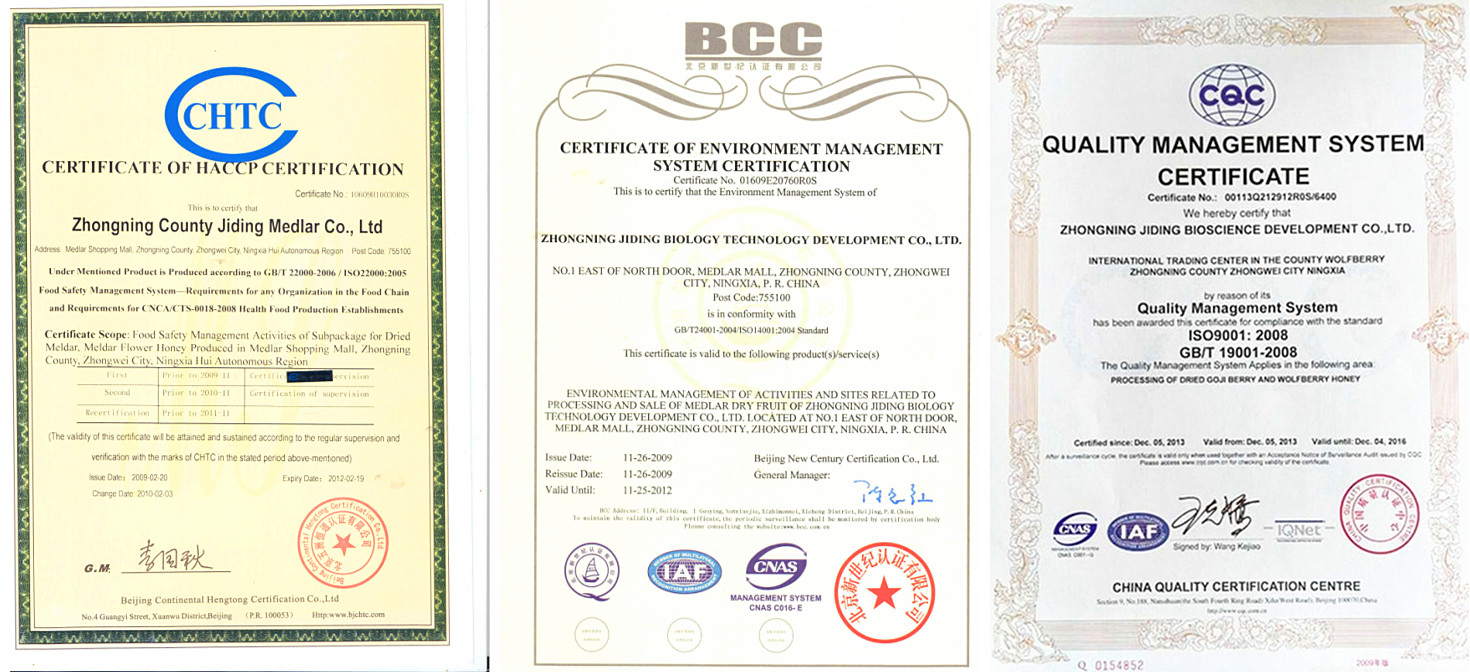 Goji berry certificate