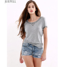 Summer Fashion New Women′s Round Neck Short Sleeve T-Shirt Solid Color Beading Casual Women Tshirt