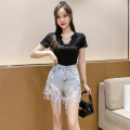 Women's high-Waist Diamond-Studded Fringed Denim Pants