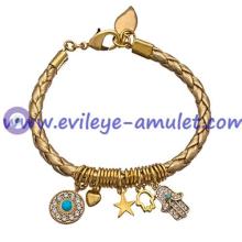 Evil Eye And Hamsa Gold Braided Leather Charm Bracelet