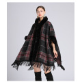 Women's Faux Rabbit Fur Collar Hooded Shawl Cape