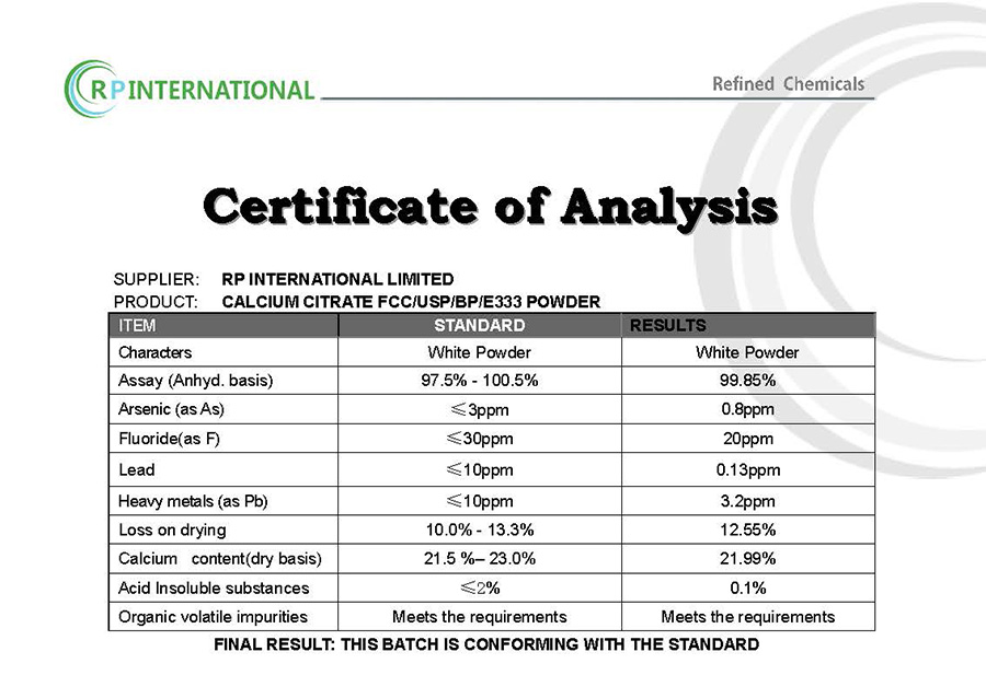 Specification Calcium Citrate