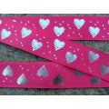 Fashion design grosgrain ribbon with sliver metallic heart printed shiny ribbon