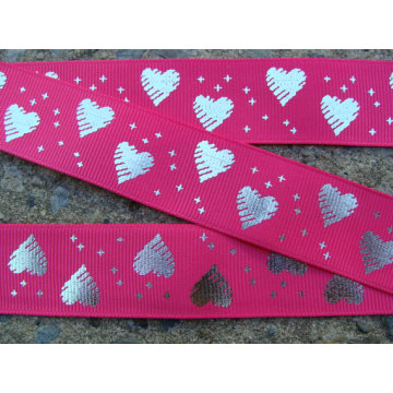 Moda diseño del grosgrain cinta con corazón metalizado plata brillante cinta impresa