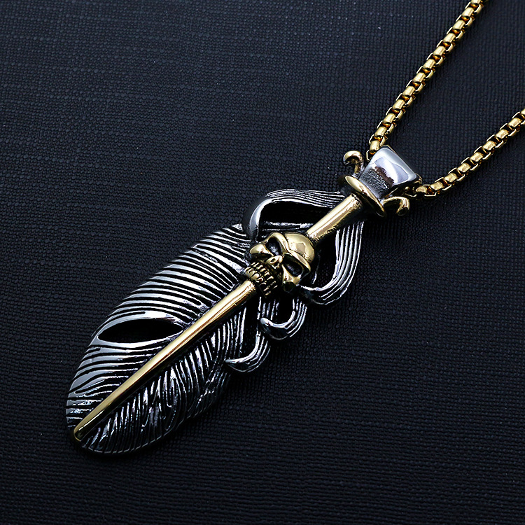 Mens Vintage Stainless Steel Skull Feather Charm Pendant