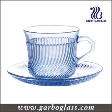 Copo de vidro azul e Saucer de 180ml com relevo de linha