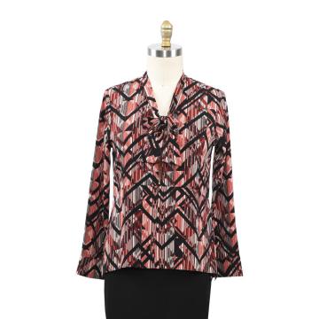 Ladies Bubble Chiffon Allover Printed Bowknot Shirt