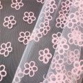 Pink Flowers Flocking Printed Tulle for Home Textile