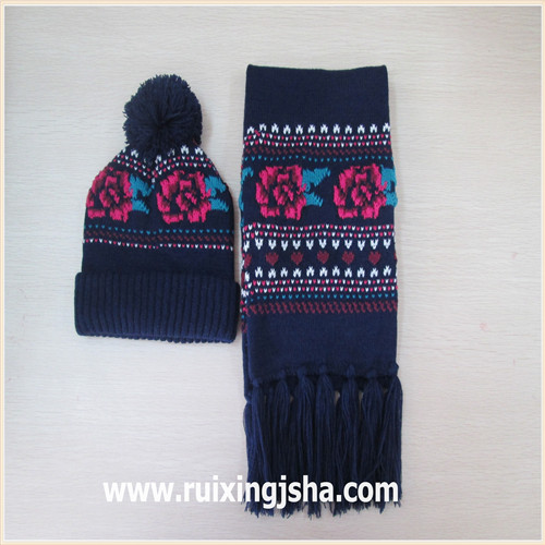 Acrylic knitted jacquard scarf and hat sets for lady