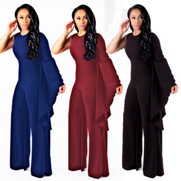 Solid One Shoulder Long Sleeve Wide Leg Jumpsuits