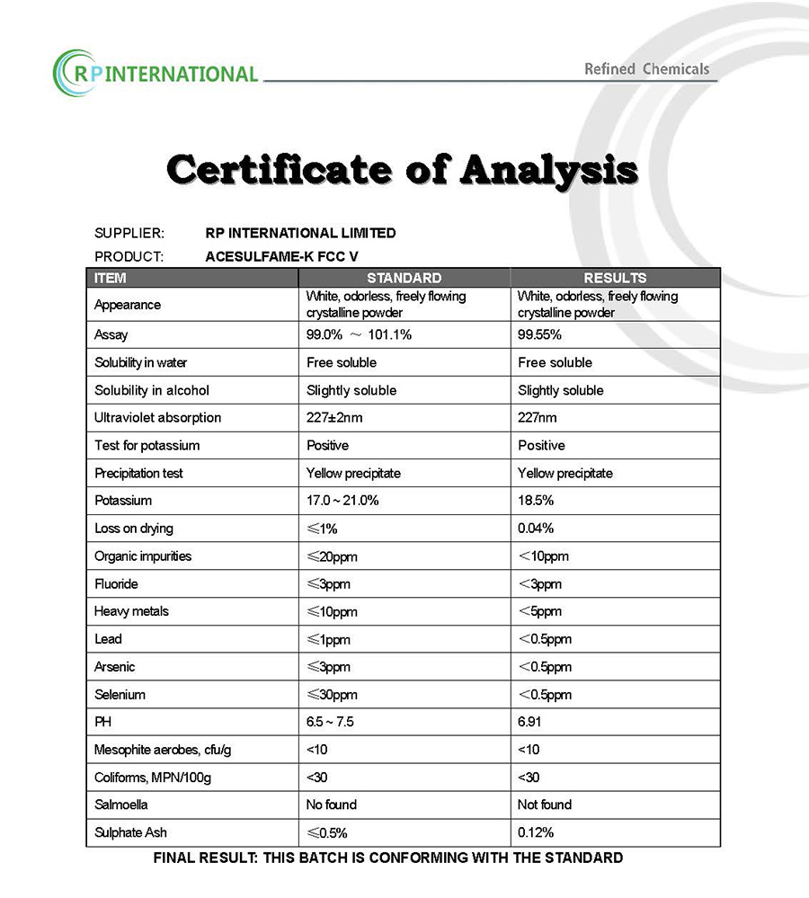 Specification Acesulfame Potassium