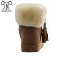 Waterproof winter genuine leather furry boots with fringe