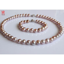 9-10mm Nearly Round Lavender Pearl Necklace Set (ES1314)