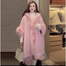 Women's Faux Rabbit Fur Collar Hooded Shawl Cape