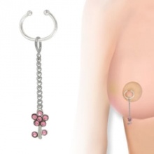 Non Piercing Dangle Flower Nipple Clip with Pink CZ Gems