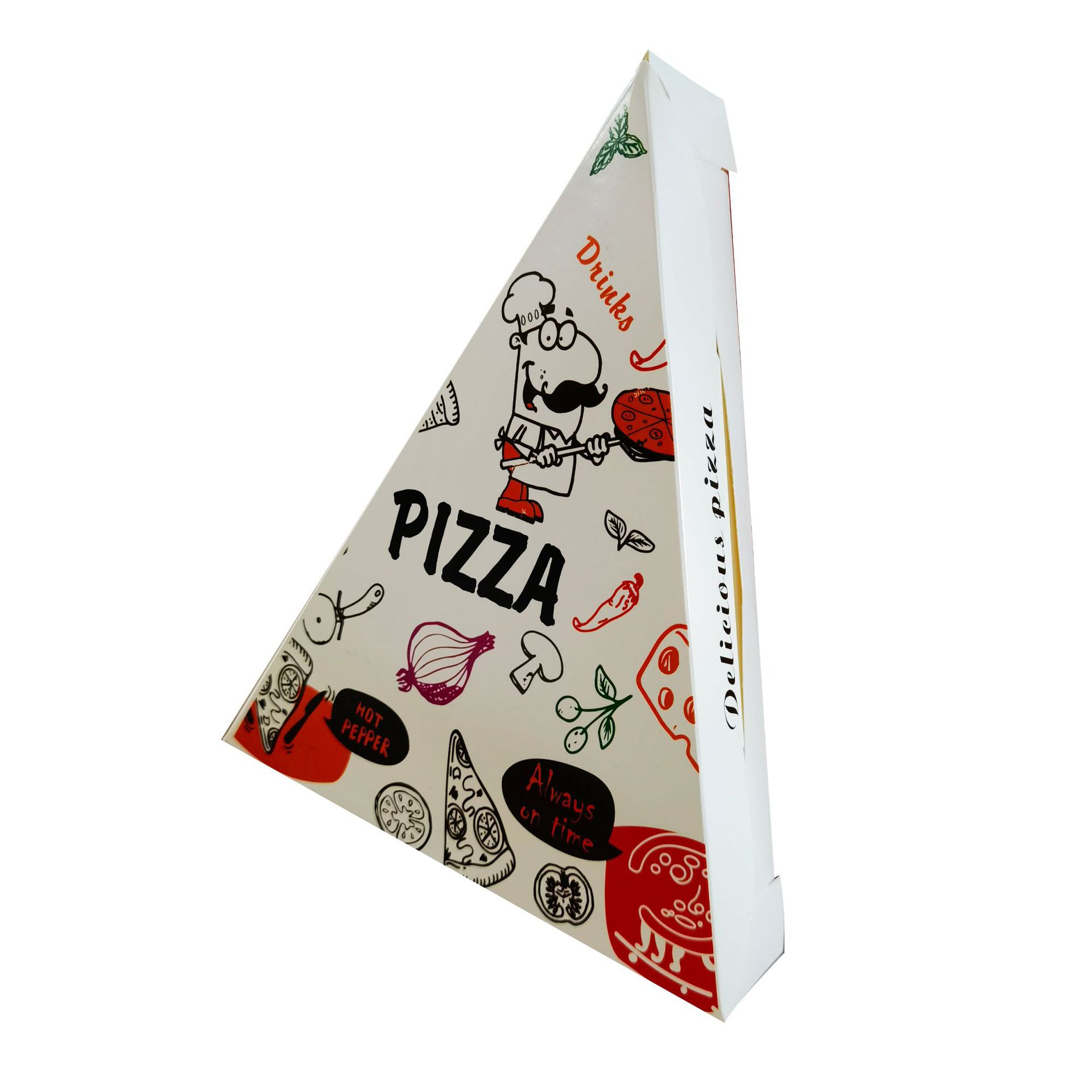 Custom triangular pizza box with logo food packing The triangular pizza box is made of food grade white cardboard material, which can directly contact food and ensure food safety. We can customize logos with rich colors and clear printing. The pizza box is made of thickened material, it has strong load-bearing capacity, is more sturdy and durable, ensuring product quality. In addition, the triangle shape pizza box also has waterproof, moisture-proof, strong load-bearing capacity and good cushioning functions, which can be used with confidence Product Description Item: Pizza box Usage: take away food, pizza, chicken nuggets, cupcake, bread, etcFood, etc. MOQ: 500pcs (The larger the quantity, the cheaper the individual price.) Size: custom Logo: custom Material Option: 3 layers corrugated board, etc Sample: 1. Digital Sample time: 3-5 days 2.Sample fee: charge according to product details 3. Send sample: via TNT, UPS, FedEX, DHL, Express Lead time: About 10-15 days (Depends on quantity) Packing: In Standard Export Box Or Customers' Specific Requirements Custom triangular pizza box with logo food packing The triangular pizza box is made of food grade white cardboard material, which can directly contact food and ensure food safety. We can customize logos with rich colors and clear printing. The pizza box is made of thickened material, it has strong load-bearing capacity, is more sturdy and durable, ensuring product quality. In addition, the triangle shape pizza box also has waterproof, moisture-proof, strong load-bearing capacity and good cushioning functions, which can be used with confidence Product Description Item: Pizza box Usage: take away food, pizza, chicken nuggets, cupcake, bread, etcFood, etc. MOQ: 500pcs (The larger the quantity, the cheaper the individual price.) Size: custom Logo: custom Material Option: 3 layers corrugated board, etc Sample: 1. Digital Sample time: 3-5 days 2.Sample fee: charge according to product details 3. Send sample: via TNT, UPS, FedEX, DHL, Express Lead time: About 10-15 days (Depends on quantity) Packing: In Standard Export Box Or Customers' Specific Requirements