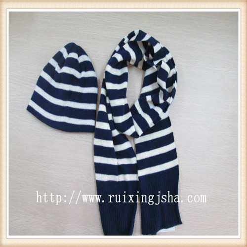 preppy style strip knitted hat and scarf set 