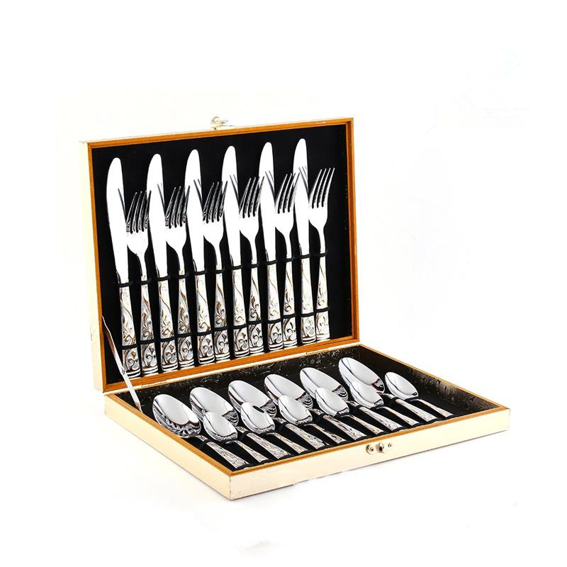 24pcs Stainless Steel Tableware Set Wooden Box