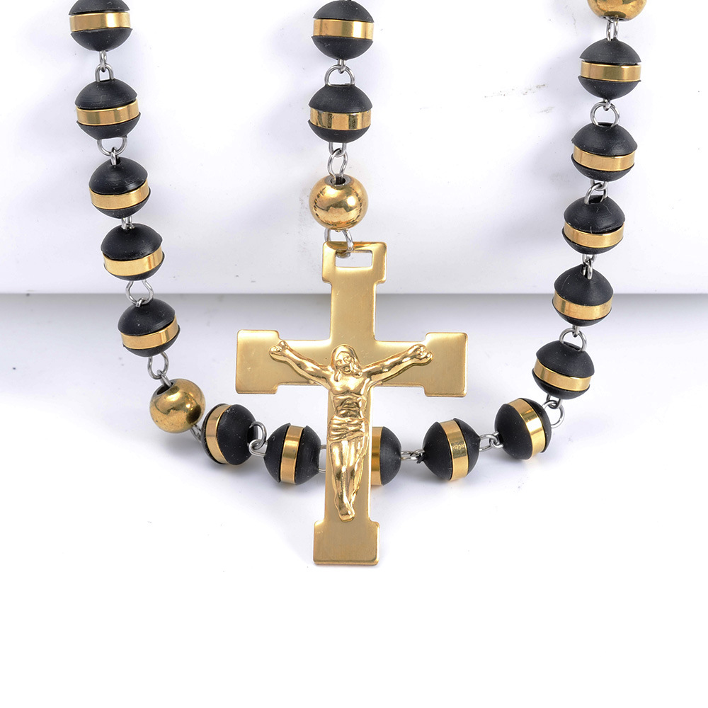 Black Rubber Beads Catholic Rosary Cross Necklace