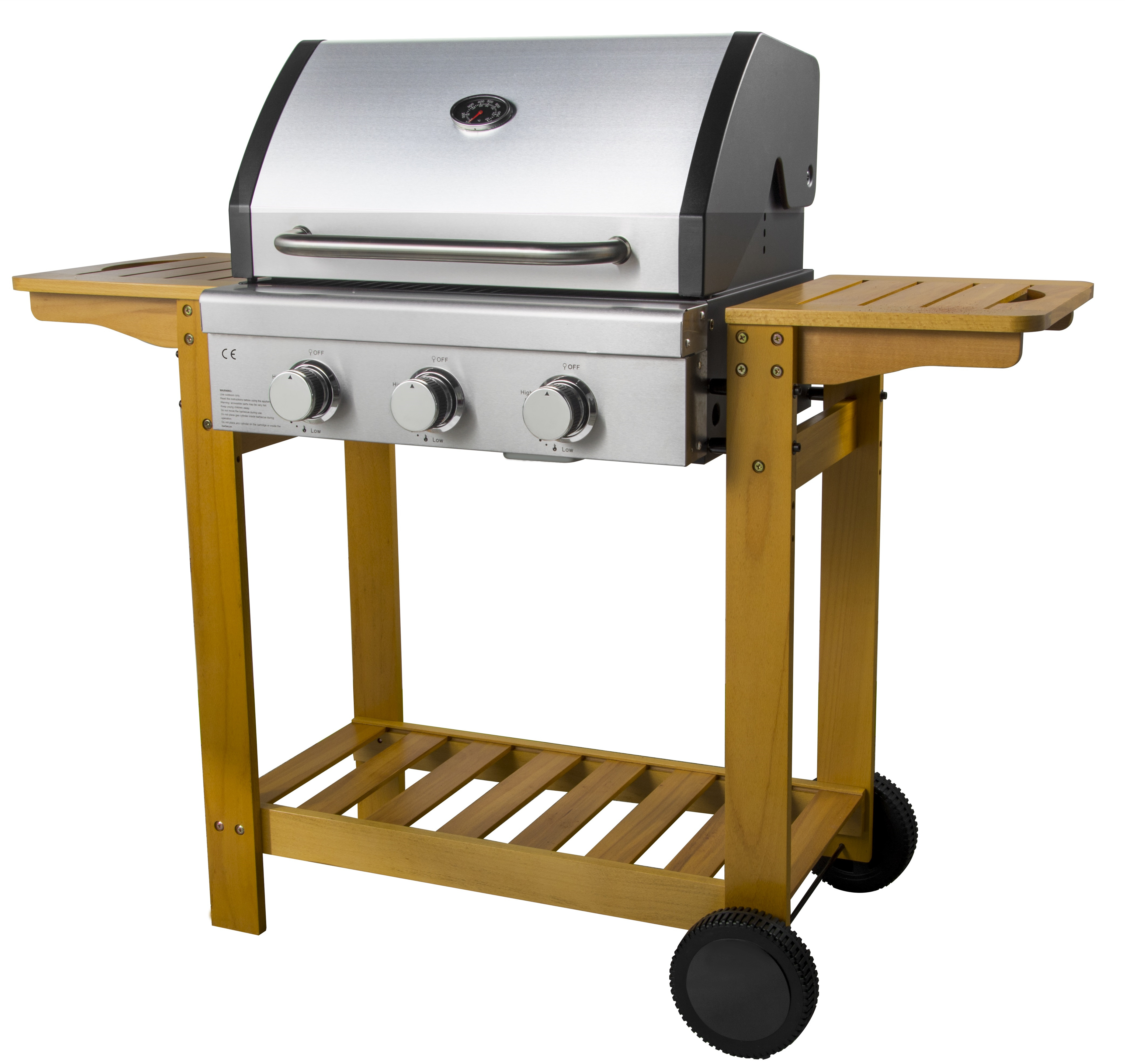 3 Burners Wooden Trolley BBQ Grill