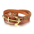 Gold anchor women's leather wrap bracelet