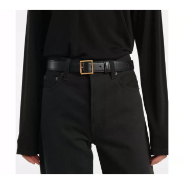 Gold Silver Square Buckle Classic Black Leather Belt