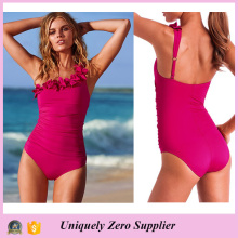 2016 Hot Sale Women Skinny One Piece Set Swimwear with Shoulder Slope Corsage Fabric Flower Bikini