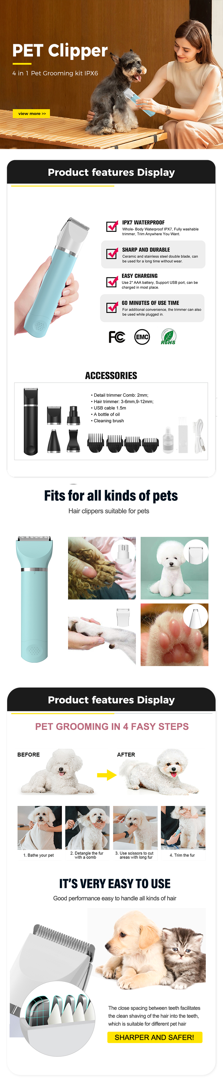 High power pet animal hair trimmer dog hair clipper low noise with five replacement trimmer heads High power pet animal hair trimmer dog hair clipper low noise with five replacement trimmer heads