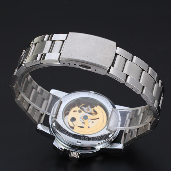 winner men watch with visible mechanism small dial watch with stainless steel band