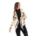 Geometric Print Overcoat Tassels Trim Ladies Knit Cardigan