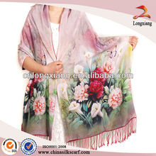 Digital Printed Silk Scarf Tassel Shawl